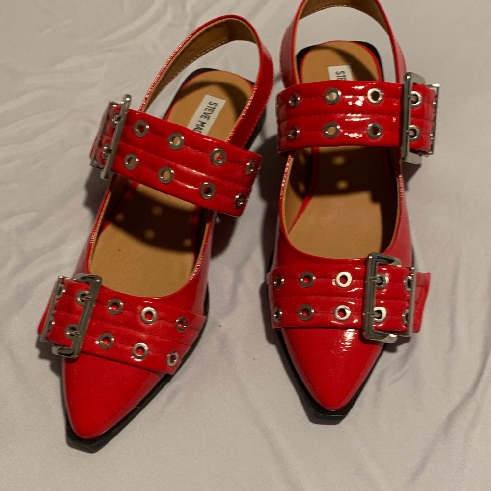 Steve Madden Red Flats with Silver Buckles